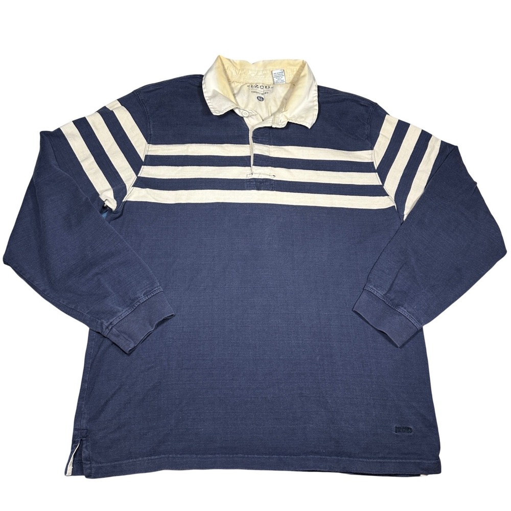 Vintage Izod Varsity Rugby Shirt Mens XL Navy Blue Striped Long Sleeve Cotton